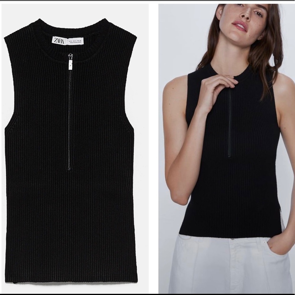 NWT Zara Zip Front Ribbed Sweater Tank Black Small
